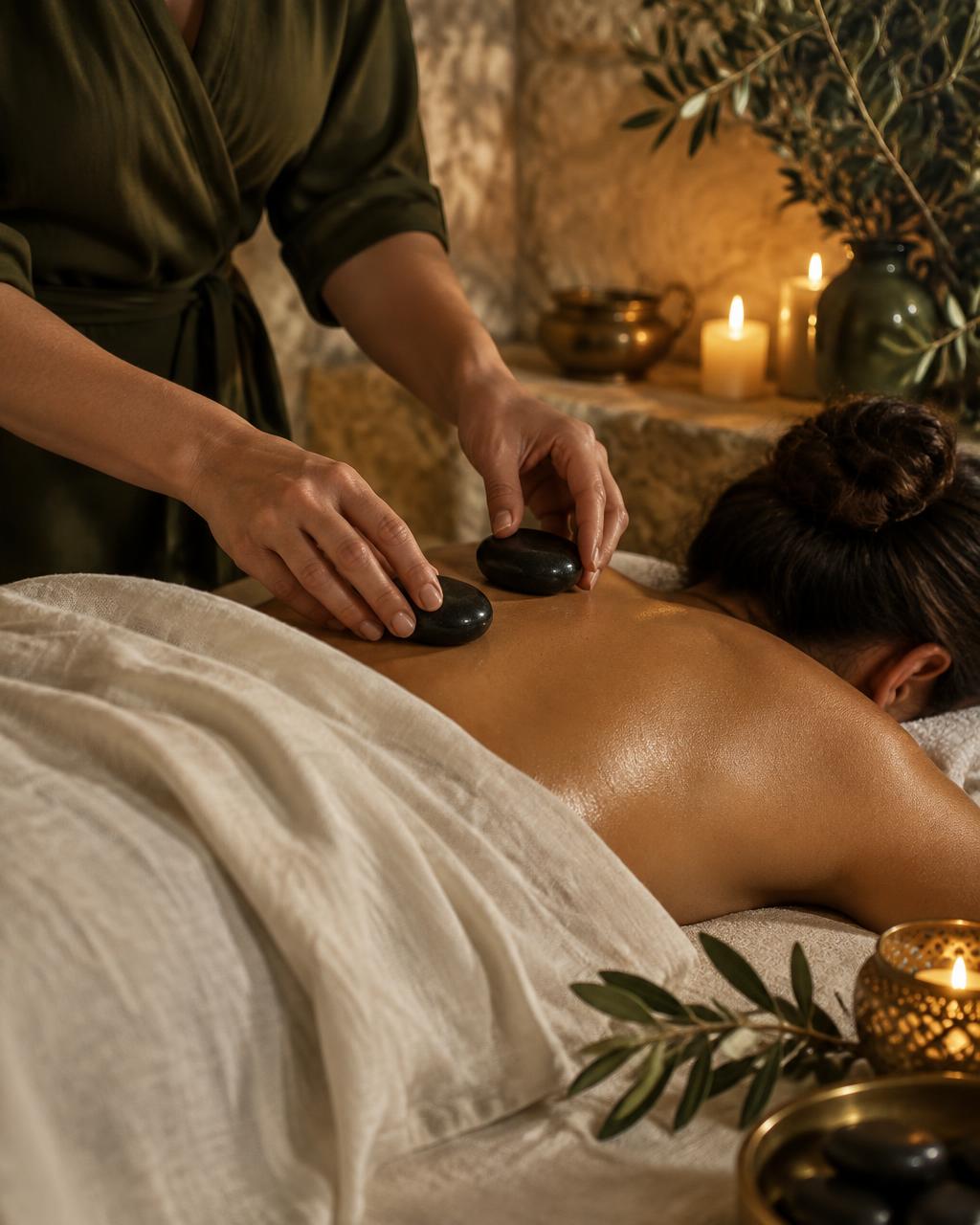 Massagem com pedras quentes num ambiente acolhedor